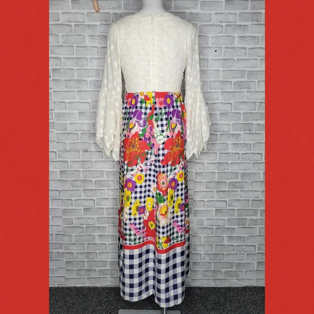 Vintage 60s Floral Gingham Psychedelic Bell Sleeve Maxi Dress - Picture 3 of 4